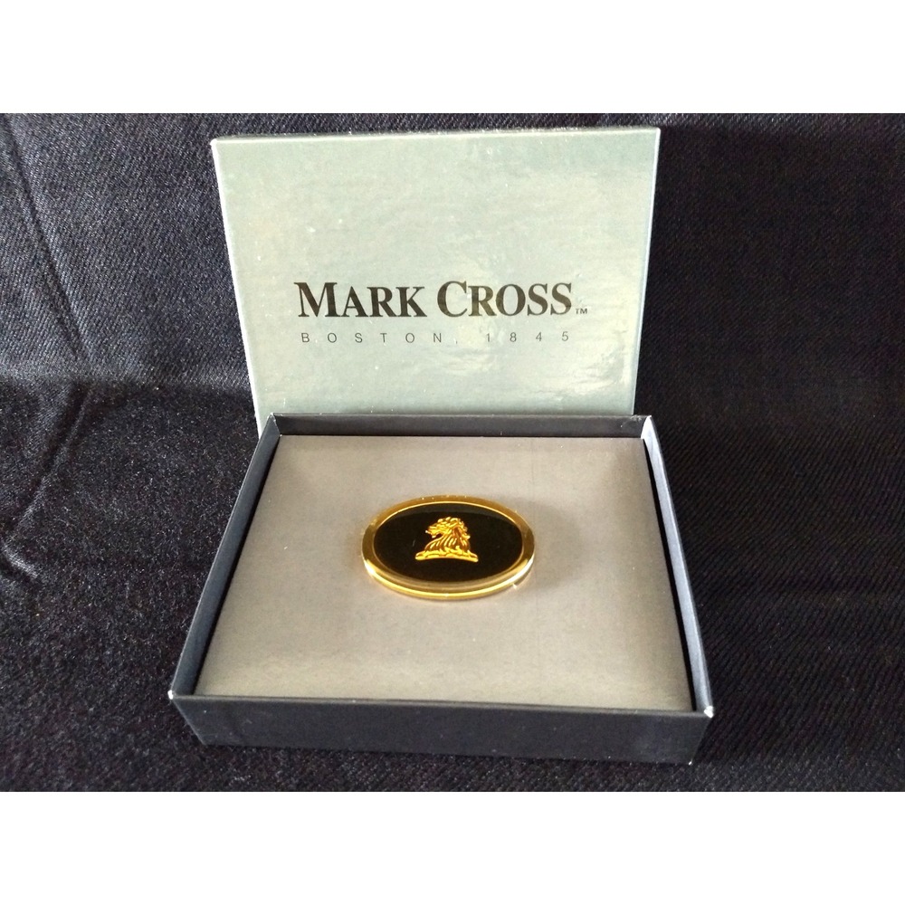 Mark Cross Money Clip Lions Head Logo Oval Black Gold-Tone Original Box Rare NOS